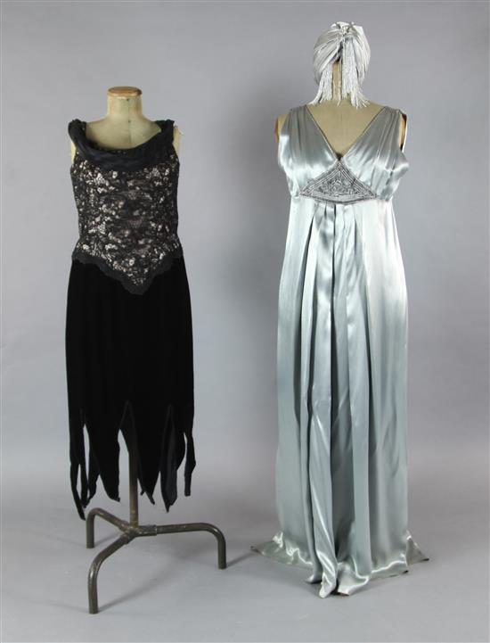A collection of non specific theatrical costumes, in velvets, lurex and satins, various sizes